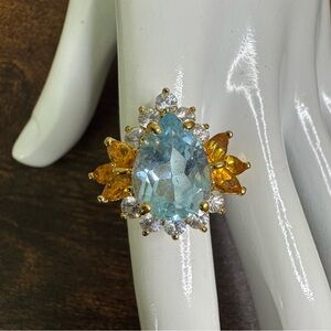 Gold Vermeil 925 Cocktail Ring Blue and Yellow Teardrop Deco Revival